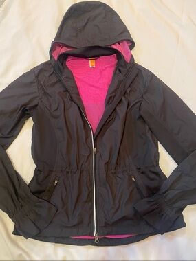 Lucy Black Utility Windbreaker Jacket with Fuchsia lining. XS